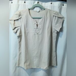 NWT Lightweight Linen Asymmetrical Cap Sleeve Tunic Top Casual Office Beach Neck